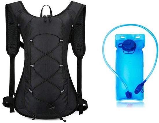 Black ergonomic backpack with 2L water bag, adjustable straps, lightweight running and cycling vest