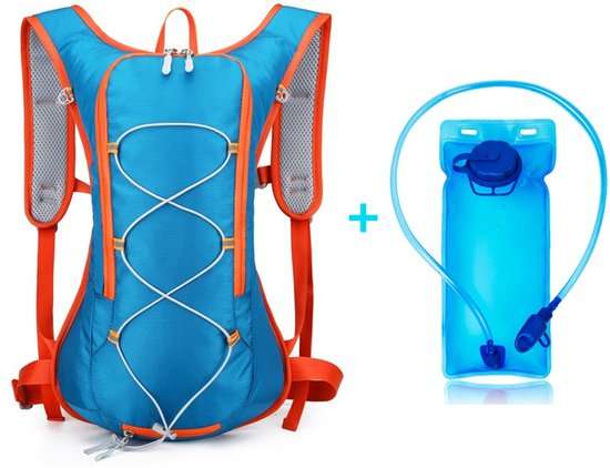 Blue ergonomic running backpack with integrated 2L water hydration bladder