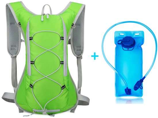 Green ergonomic running vest backpack with 2L water hydration bladder system