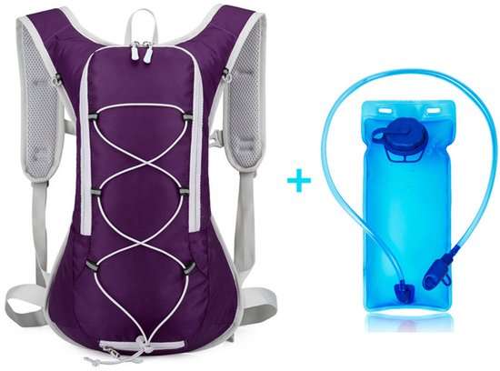 Purple ergonomic running vest backpack with integrated 2L water bag hydration system