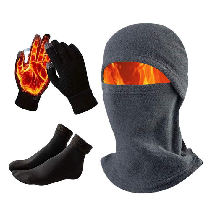Grey winter windproof balaclava, touchscreen gloves, and thermal socks bundle