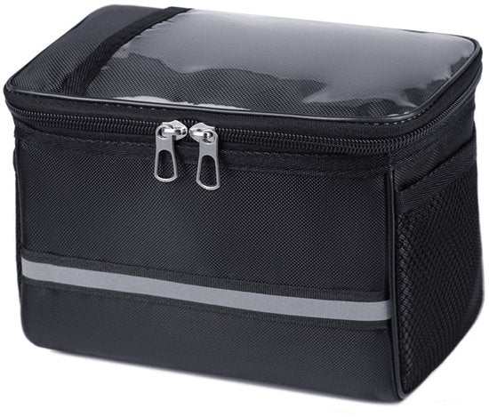 Black 3.5L waterproof bicycle handlebar bag with transparent device window and reflective strips