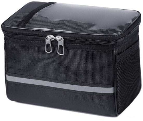 Black 3.5L waterproof bicycle handlebar bag with transparent device window and reflective strips