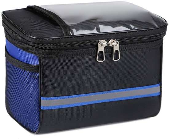 Blue 3.5L waterproof bicycle handlebar bag with transparent device window and reflective strips