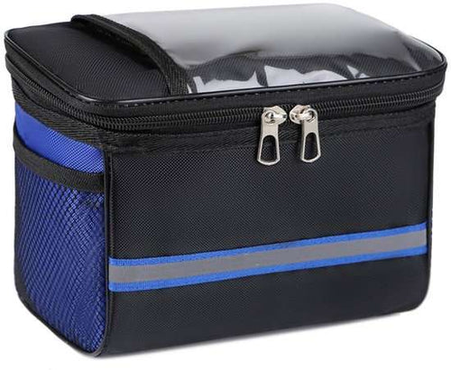 Blue 3.5L waterproof bicycle handlebar bag with transparent device window and reflective strips