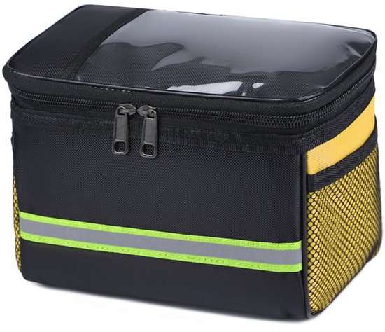 Yellow 3.5L waterproof bicycle handlebar bag with transparent device window and reflective strips