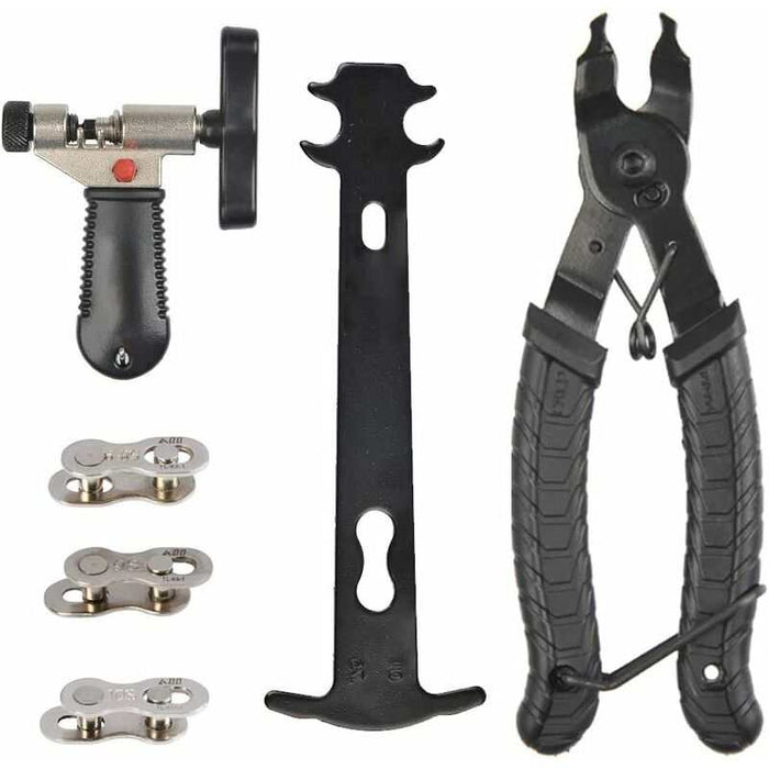 4-in-1 bicycle repair tool kit with chain breaker, master link pliers, measuring ruler, and missing link connectors