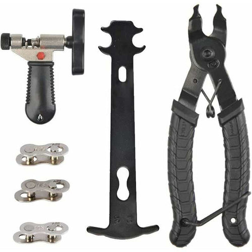 4-in-1 bicycle repair tool kit with chain breaker, master link pliers, measuring ruler, and missing link connectors