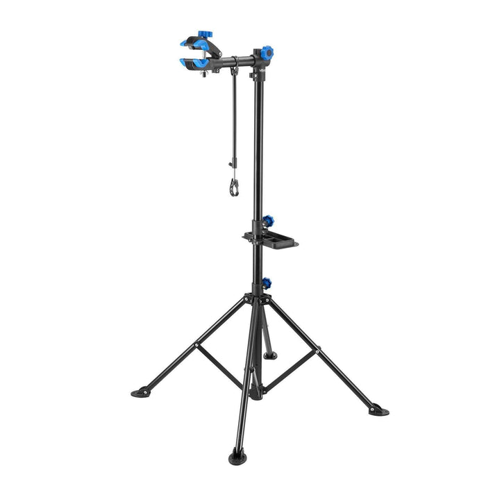 Heavy-duty adjustable height bike repair stand with 360° rotating clamp and magnetic tool tray for mountain and road bikes
