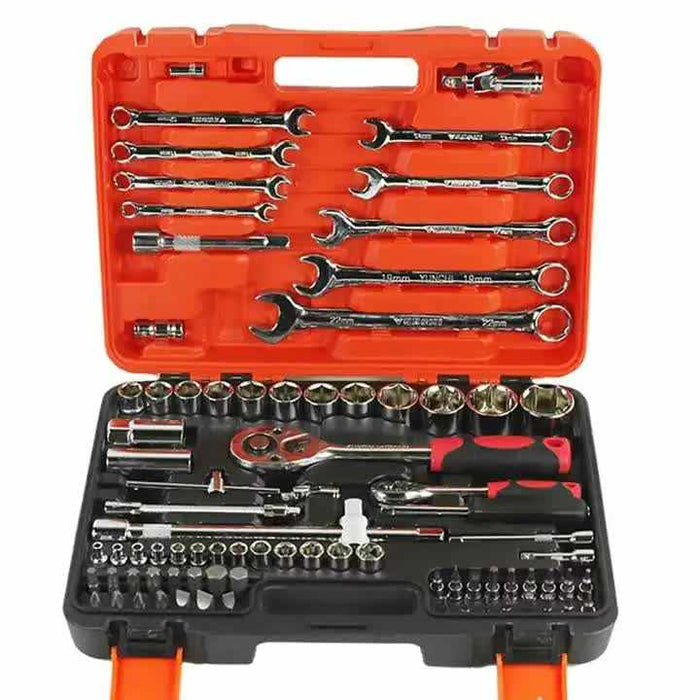 82-piece professional automotive repair tool set with 1/2 and 1/4 drive ratchets in organized carry case