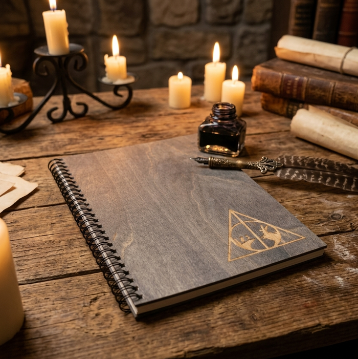 A dark grey spiral-bound notebook with the Deathly Hallows symbol on the cover, styled on a rustic wooden table with candles, an ink bottle, a feather quill, and old books.