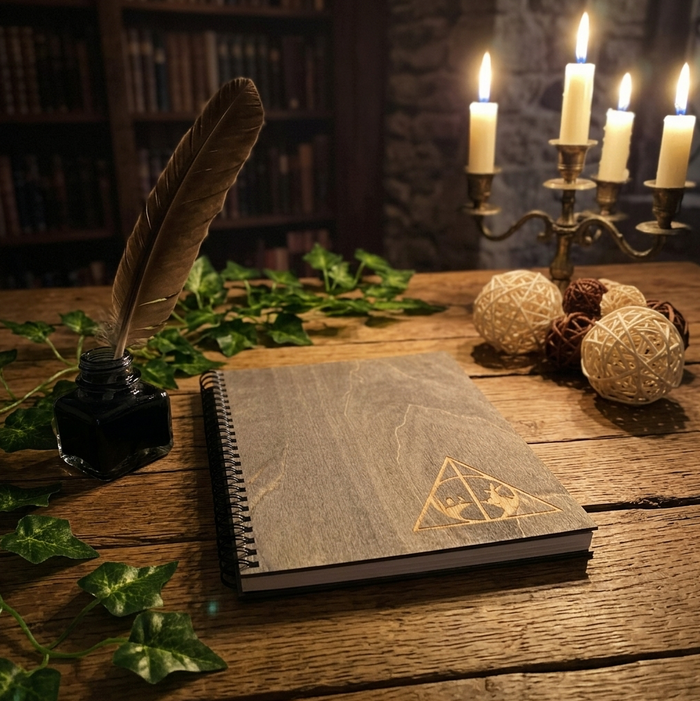A spiral-bound notebook with a black wood-grain cover and a Deathly Hallows symbol lies on a rustic wooden table. The scene is styled with a black ink bottle and feather quill, green ivy, woven decorative balls, and a candlestick with lit candles in the background.
