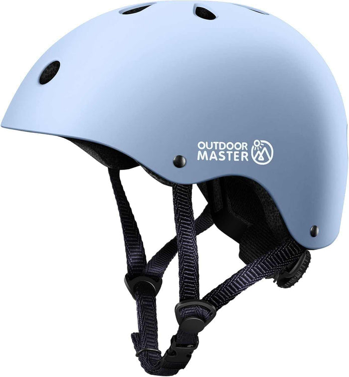 Light blue OutdoorMaster kids bike helmet with adjustable strap and removable liners