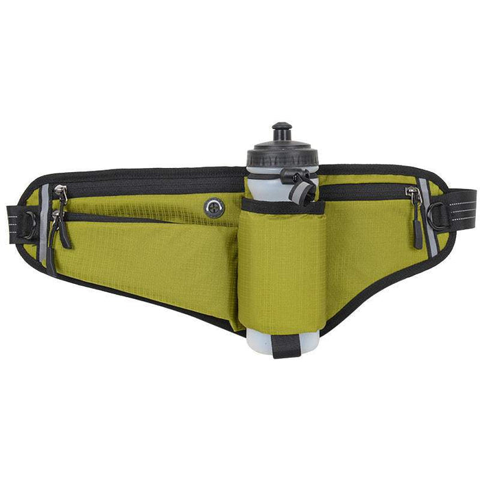 Green adjustable running waist pack with water bottle holder and reflective strips for outdoor activities