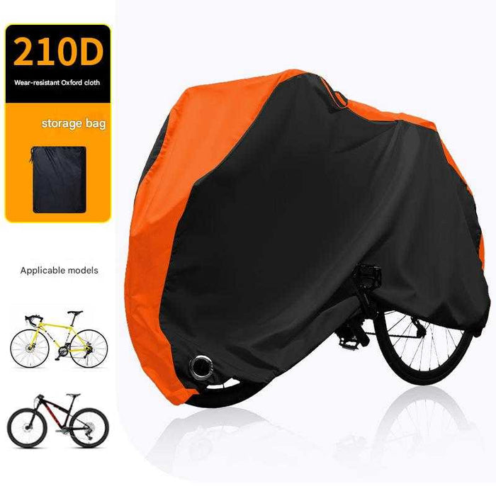 Black and orange all-weather 210D bicycle cover with lock holes and storage bag