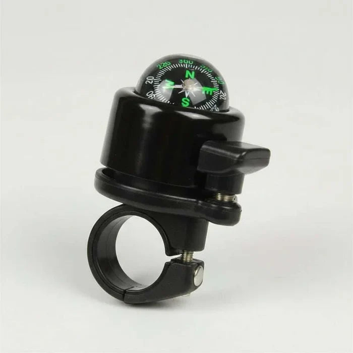 Compact black alloy flick bell with integrated compass for 25.4mm handlebars