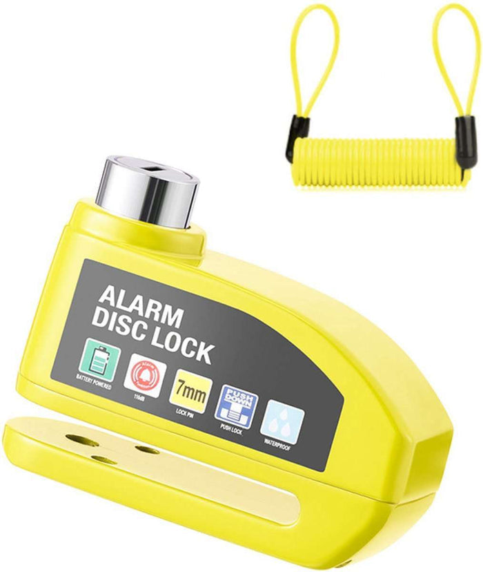Yellow bicycle disc brake lock with 7mm reminder cable and alarm system
