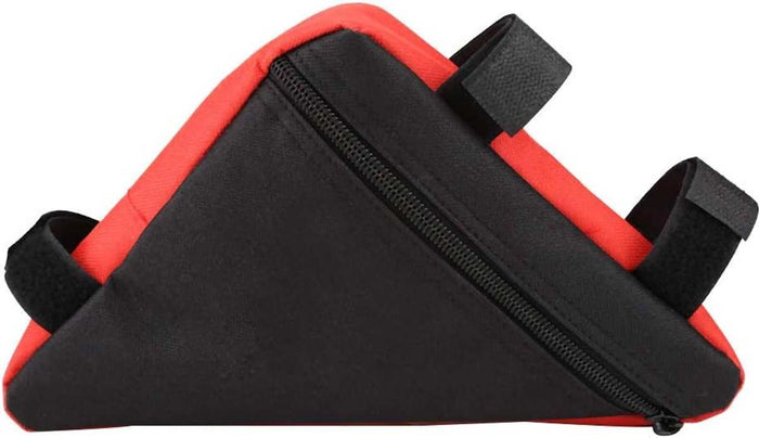 Black and red triangular bicycle pannier with zippered pocket and quick-release straps made of durable Oxford cloth