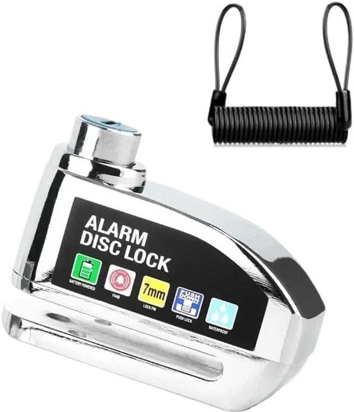 Silver bicycle disc brake lock with 7mm reminder cable and vibration alarm