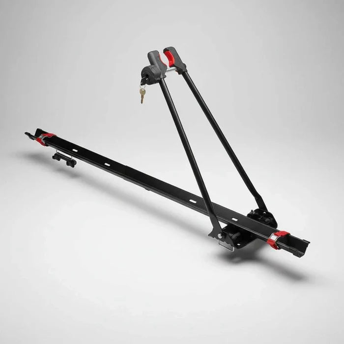 Lockable universal bicycle mount roof rack securing standard bike on vehicle roof