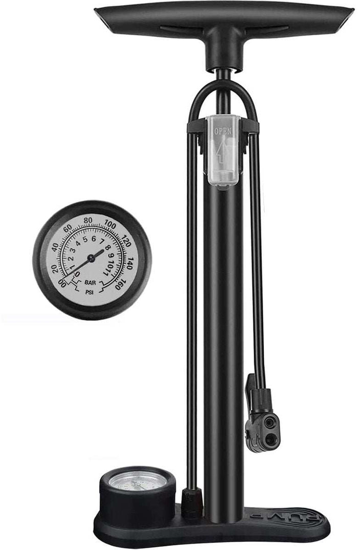 Bicycle Pump With Pressure Gauge Double Valve Head Foot Pump - Black