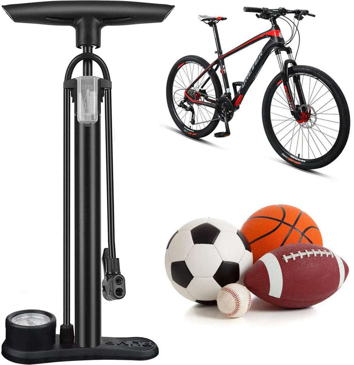 Bicycle Pump With Pressure Gauge Double Valve Head Foot Pump - Black