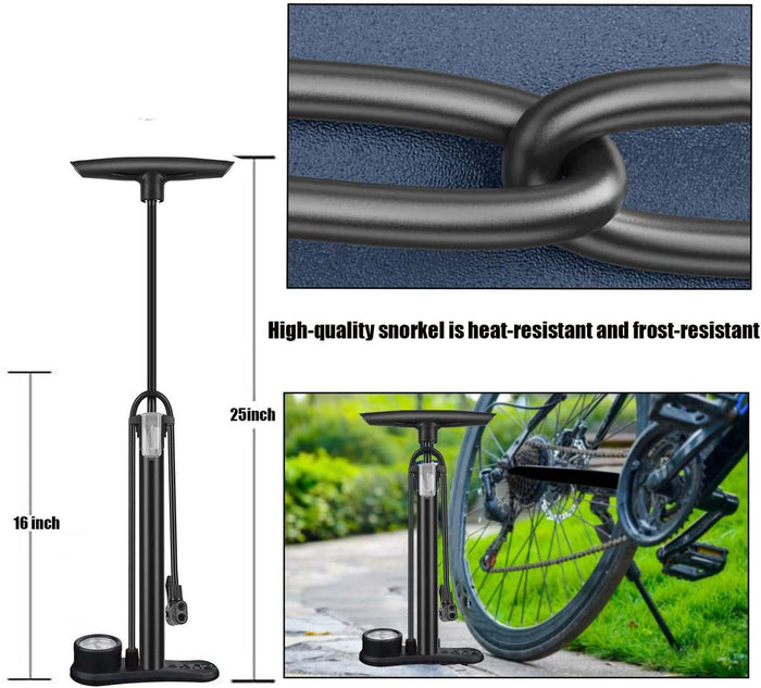 Bicycle Pump With Pressure Gauge Double Valve Head Foot Pump - Black