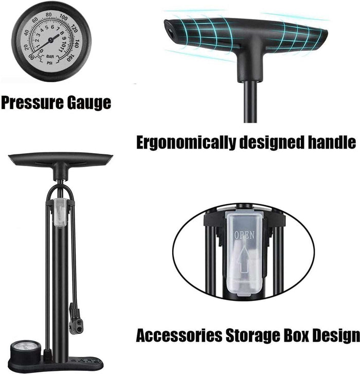 Bicycle Pump With Pressure Gauge Double Valve Head Foot Pump - Black