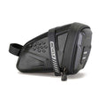 Black bicycle tail bag with EVA hard shell and reflective logo attached to bike saddle