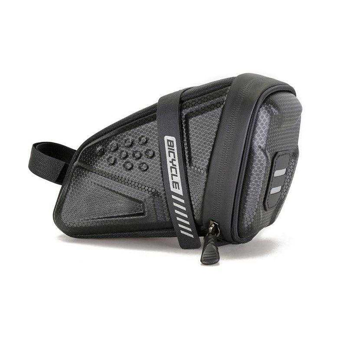 Black bicycle tail bag with EVA hard shell and reflective logo attached to bike saddle