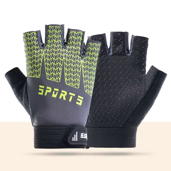 Black and green breathable half-finger cycling gloves for kids with silicone grip and shock-absorbing padding