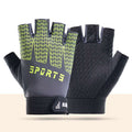 Black and green breathable half-finger cycling gloves for kids with silicone padded grip and pull-tab design
