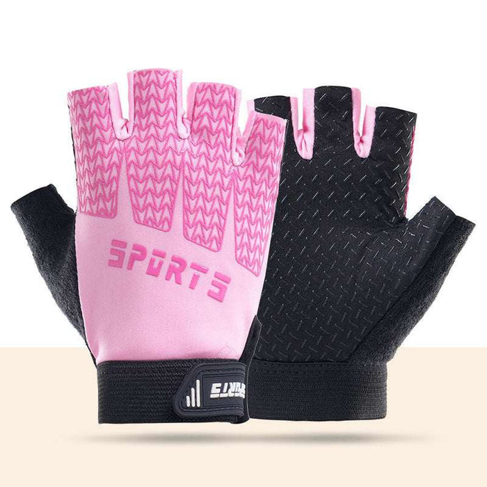 Black and pink breathable half-finger cycling gloves for kids with silicone grip and cooling fabric, size M
