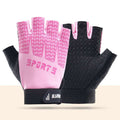 Black and pink breathable half-finger cycling gloves for kids with silicone grip and cooling ice silk fabric