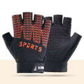 Black and red breathable ice silk half-finger cycling gloves for kids with silicone grip and pull-tab design, size S