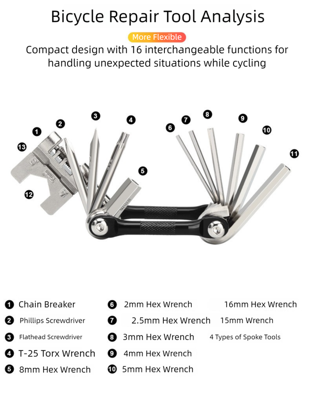 Black and Silver 16 in 1 Bicycle Repair Multi Tool