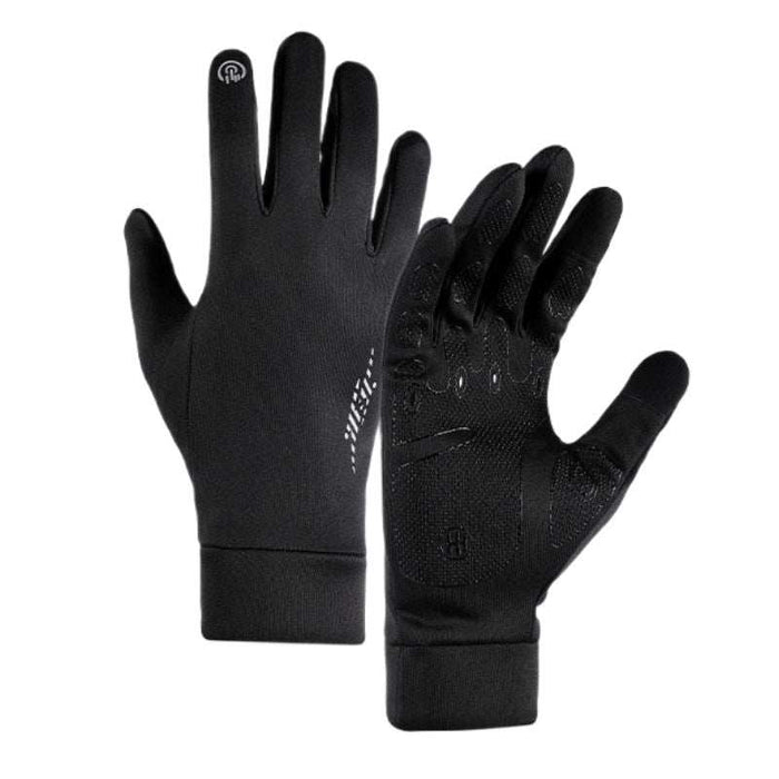 Black windproof thermal sports gloves with touchscreen fingertips and anti-slip palm grip for running and cycling