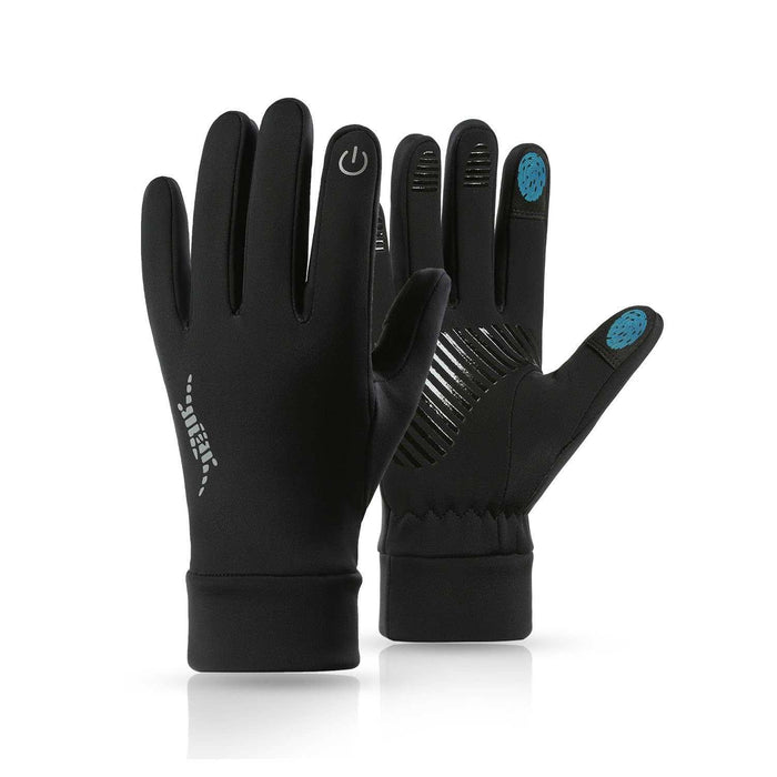 Black windproof thermal gloves with touchscreen fingertips and anti-slip palm design