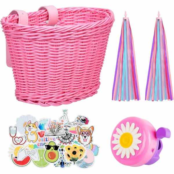 Children's bicycle basket with adjustable straps, floral bell, handlebar streamers, and animal stickers on a kids' bike