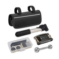 Compact bicycle repair kit with 16-in-1 multi-tool, mini pump, and under-saddle storage bag