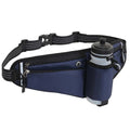 Dark blue adjustable running waist pack with water bottle holder and multiple storage pockets for outdoor activities