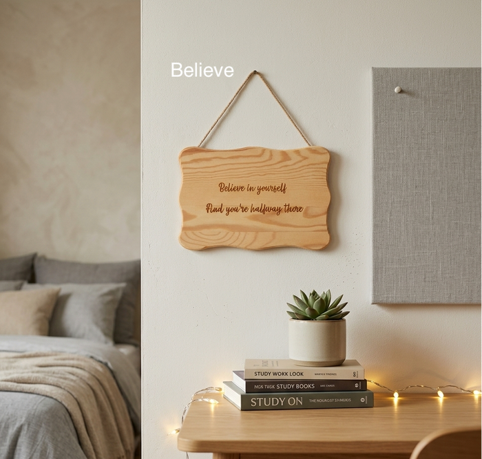 A wooden wall hanging sign with engraved text reading 'Believe in yourself And you're halfway there' displayed in a bedroom setting above a wooden table with books, a small succulent, and warm string lights.