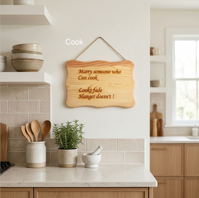 A wooden kitchen wall sign with engraved text hanging on a beige wall in a modern kitchen. The sign reads, 'Marry someone who can cook, Looks fake Hunger doesn't!'.