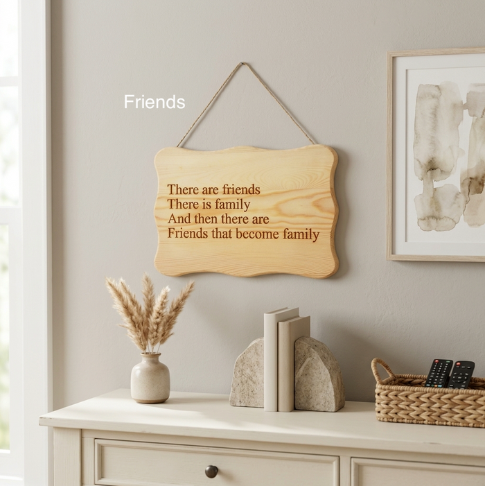 A wooden sign in a neutral decor room engraved with "There are friends, There is family, And then there are Friends that become family".