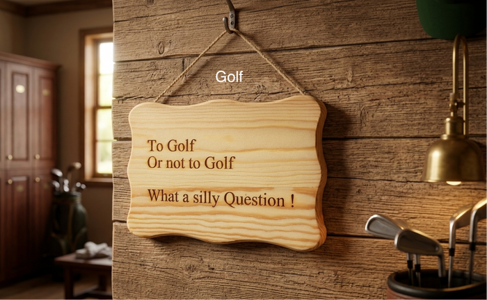 A wooden hanging sign with a scalloped edge reads 'To Golf Or not to Golf, What a silly Question!' in engraved text, displayed on a rustic wood wall in a golf-themed room with golf clubs and a lamp visible in the background.