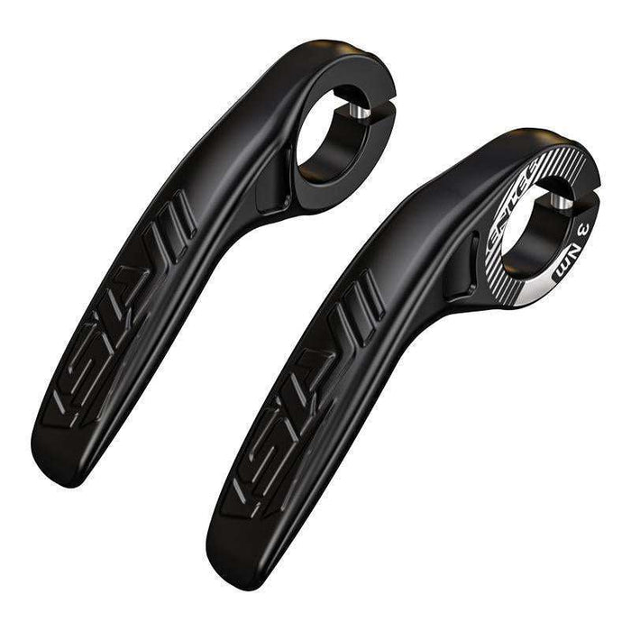 Black ultralight ergonomic horn-style composite bicycle bar ends with adjustable angles and smooth matte finish