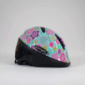 Kids helmet with bright flowers design, adjustable straps, and vents, sized 44-50 cm for ages 3-8.