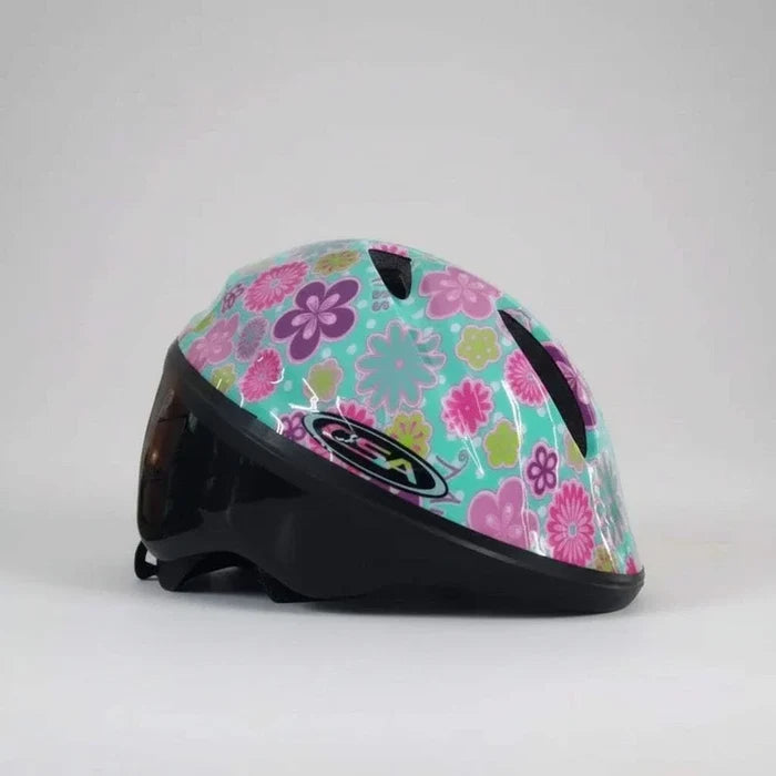 Kids helmet with bright flowers design, adjustable straps, and vents, sized 44-50 cm for ages 3-8.