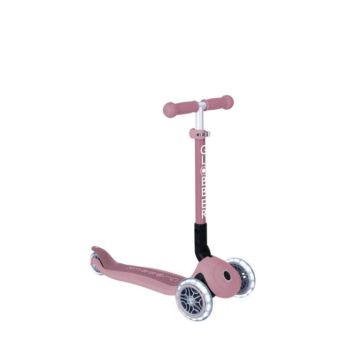 Globber ECOLOGIC JUNIOR foldable scooter with berry color, eco-friendly materials, and battery-free light-up wheels for kids