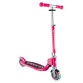 Pastel pink Globber FLOW FOLDABLE JUNIOR kids scooter with LED lights and adjustable T-bar